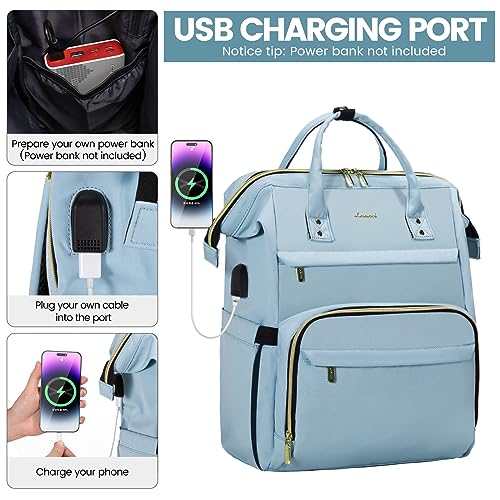 Image of LOVEVOOK Laptop Backpack for Women,17 Inch Professional Womens Travel Backpack Purse Computer Laptop Bag Nurse Teacher Backpack,Waterproof College Work Bags Carry on Back Pack with USB Port,Sky Blue