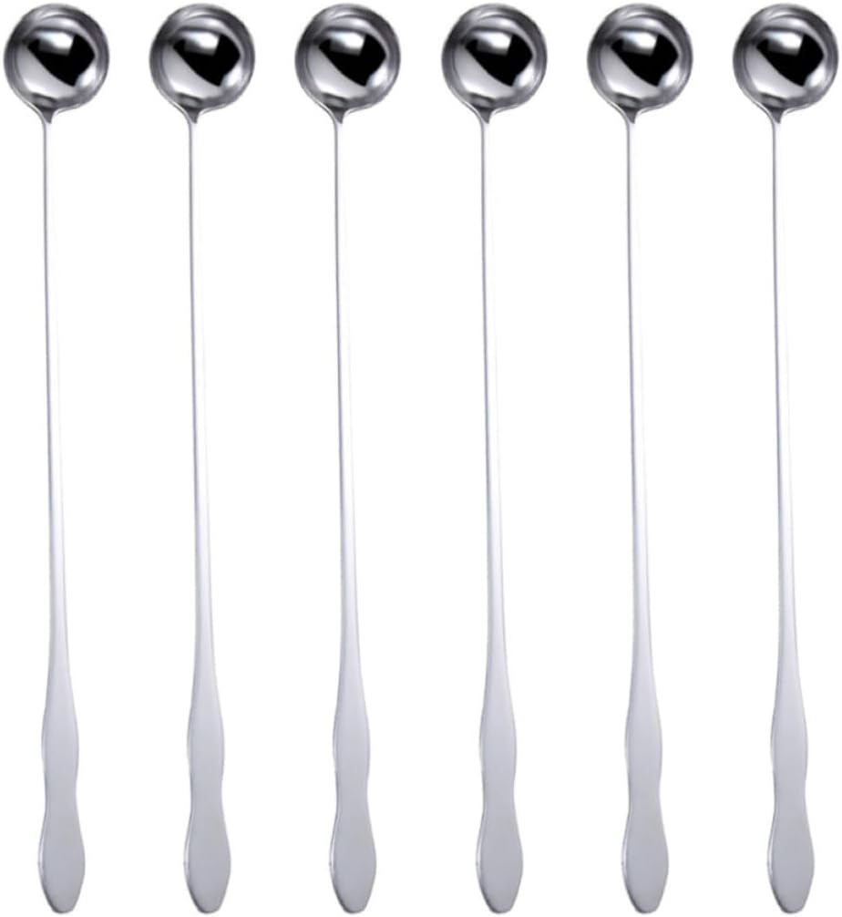 Luxshiny Long Handle Stirring Spoons Reusable and Corrosion-proof Stainless Steel 6pcs with Gourd-shaped Handles round Heads Bar Spoons for Kitchen and Bar Use