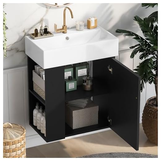 Merax 20” Bathroom Vanity Sink Combo, Wall Mounted Cabinet Sink Set with Ceramic Basin for Small Space, Undermount Sink Cabinet, Black