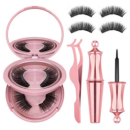 Magnetic Eyelashes with Eyeliner, Upgraded 3D Magnetic Eyeliner and Lashes, Reusable Silk False Eyelash Kits with Mirror and Tweezers (2 Pairs) - No Glue Needed