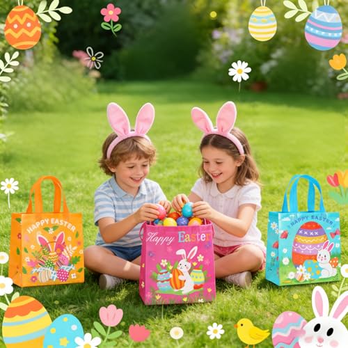 6 Stück Tragetaschen aus Vliesstoff mit Griffen für Ostern, Geschenktüten Ostern, Ostertüten zum Befüllen, Wiederverwendbare nicht Gewebte Tasche für Ostern Party Supplies Süßigkeiten Geschenke Säcke