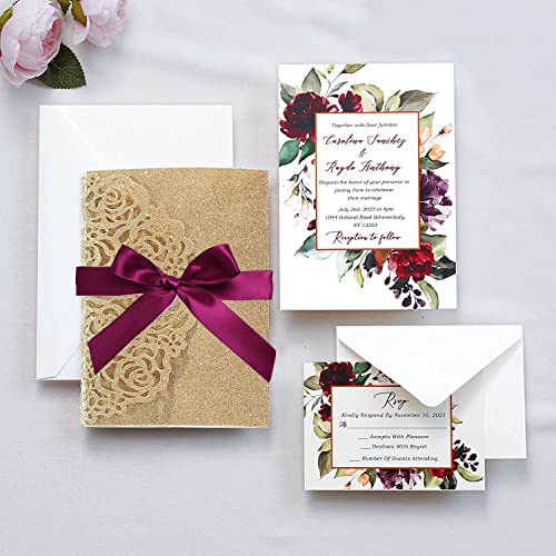 Ponatia 20 Pcs 3 Folds 5X7'' Wedding Invitations Cards With Envelopes Ribbons For Wedding Bridal Shower Engagement Birthday Graduation Invite (Gold Glitter) #TOP1