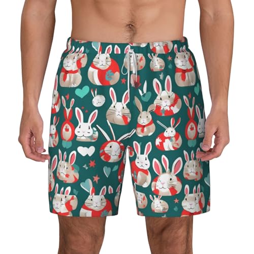 Bunny Rabbits Print Mens Swim Shorts Trunks Inseam Compression Liner Quick Dry Zipper Pocket White