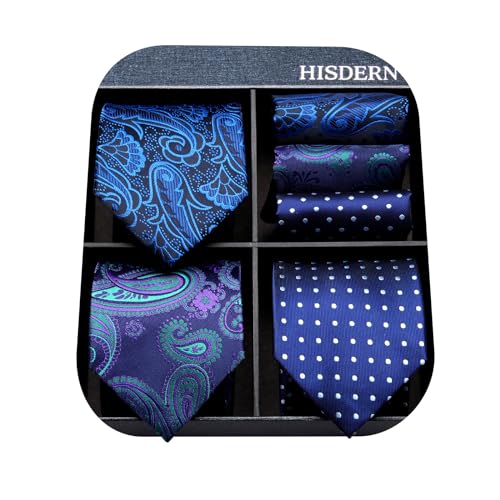 Image of HISDERN Mens Ties Extra Long Tie and Pocket Square Set 63 Inch XL Tie Pack Collection Present Box Necktie Lot 3 PCS