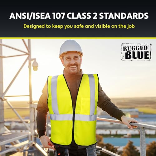 Rugged Blue Polyester Mesh Fabric Economy ANSI Class 2 Safety Vest | Lightweight Vests with 2-Inches Silver Reflective Tape Stripes | Ideal for All Year-Round Versatile Use | Hi-Viz Yellow