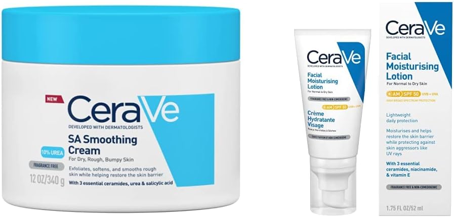 CeraVe SA Smoothing Cream for Rough and Bumpy Skin 340g with Salicylic Acid and 3 Essential Ceramides & AM Facial Moisturising Lotion SPF50 with Ceramides & Vitamin E for Normal to Dry Skin 52ml