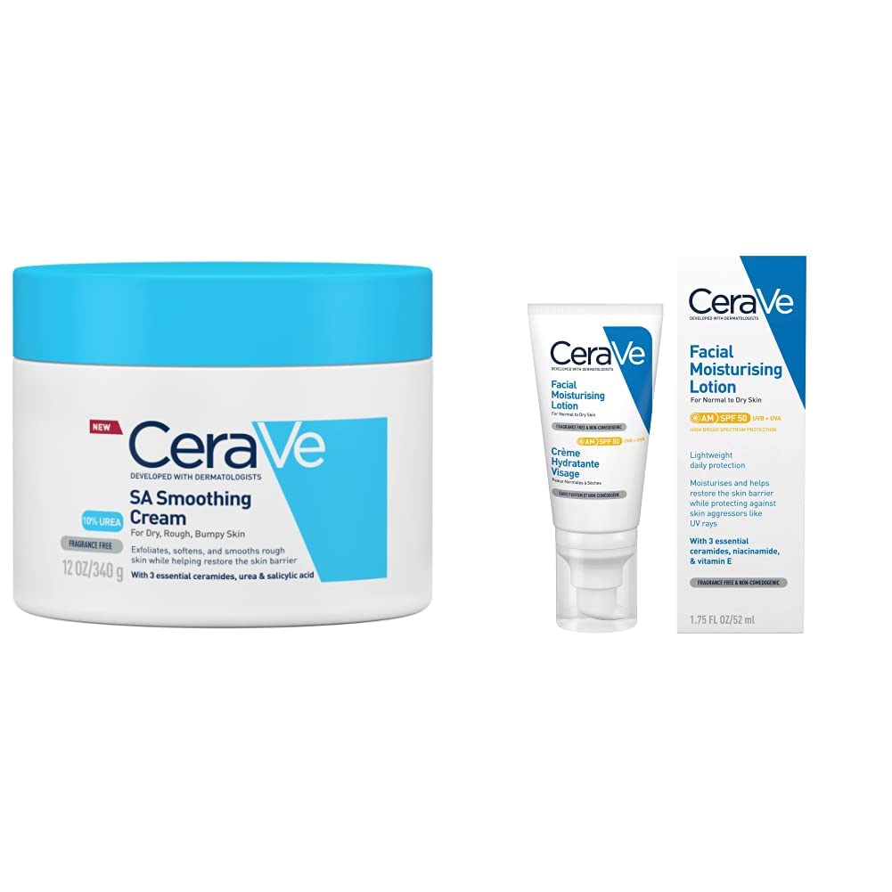 CeraVeSA Smoothing Cream for Rough and Bumpy Skin 340g with Salicylic Acid and 3 Essential Ceramides & AM Facial Moisturising Lotion SPF50 with Ceramides & Vitamin E for Normal to Dry Skin 52ml