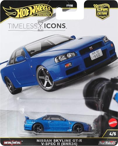 Image of Hot Wheels Premium Car Culture Collectible Toy Car, 1:64 Scale Die-Cast Nissan Skyline R34 GTR, Timeless Icons Vehicle with Real Riders Tires