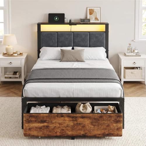 Kbun Twin Size Bed Frame with 2 Storage Drawers and Upholstered Headboard