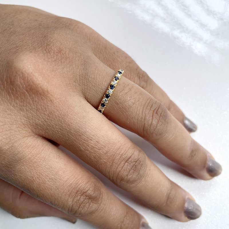 2 mm Sapphire & White Diamond Half Eternity Wedding Band For Women, 14k Gold Finish Blue Sapphire Wedding Band, Ladies Alternate Diamond Ring