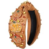 CEALXHENY Thanksgiving Headband for Women Fall Accessories Beaded Pumpkin Headbands Jeweled Rhinestone Crystal Knotted Headband Thanksgiving Fall Hair Accessory Gifts (Pumpkin 1 - Brown)