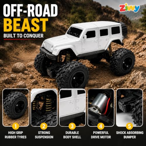 Image of Big White Remote Control Car Toy | Thar Roxx | Smoke and LED Light | Monster Truck Remote Control 4x4 | Rechargeable Car | 2.4G Remote Control | High Speed | 100m Range | Birthday Gift for Kids