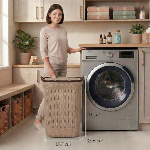 Image of Plastic Laundry Basket with Lid | 60L Extra Large Knit Hamper | Strong & Durable | Ideal for Bathroom, Bedroom & Kids Room | Multipurpose Cloth Storage Organiser | 36 x 46 x 61 cm | Plaza
