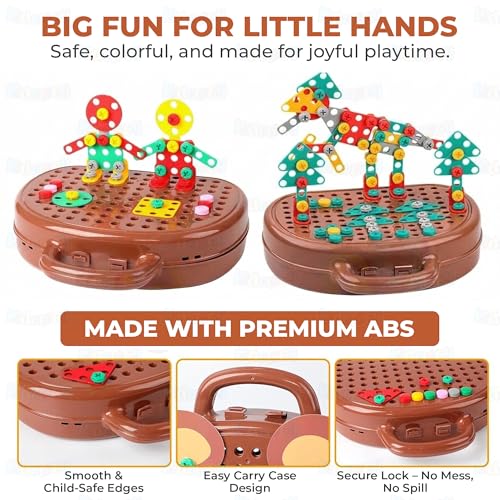 Image of Kidology Creative Toolbox with Toys Electric Drill Screwdriver Tool Set Creative Mosaic Puzzle Toy - 203 Pieces Electric Drill Toy & Rainbow Fasteners, Premium STEM Building Set for Kids 3+ Years Old