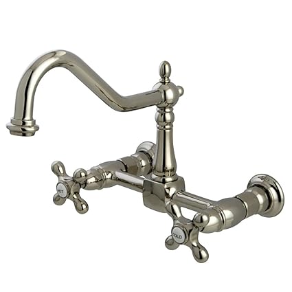 Kingston Brass KS1248AX Heritage Wall Mount Center Kitchen Faucet Cross Handle, 8-1/2