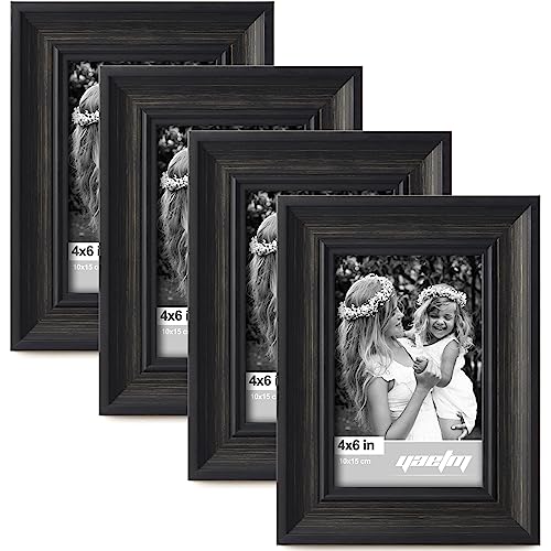 Yaetm Black 4x6 Picture Frame Set of 4, 1.4” Wide Molding & Distressed Black Photo Frames with HD Tempered Glass, Display on Tabletop & Wall Mounting
