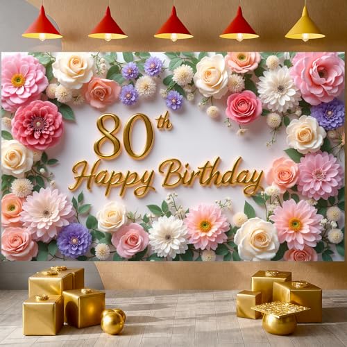 Flower 80th Birthday Banner Decorations for Women Pink Roses Floral Happy 80th Birthday Banner Backdrop Sign for 80 Years Old Anniversary Party Home Wall Outdoor Indoor Photo Booth Background Supplies