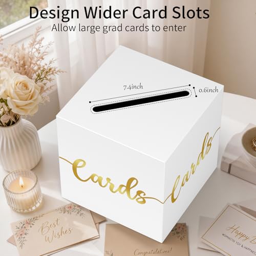 Image of OLANRUN Gift Card Box, 9 inch Graduation Gold Foil Card Box, White and Gold Party Decorations for Wedding, Birthday, Baby & Bridal Shower, Anniversary, Retirement