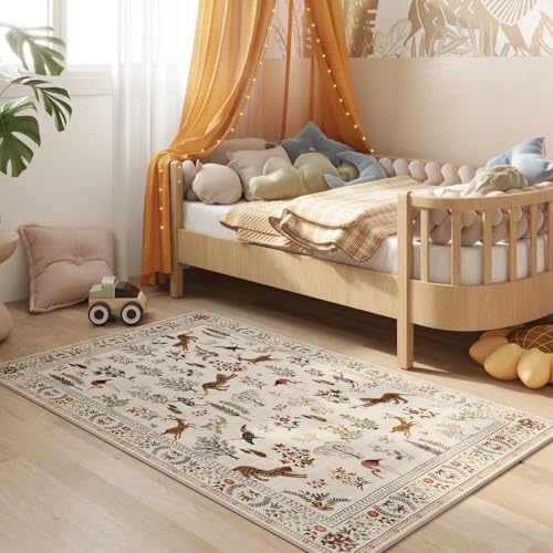 Bedroom Rug 3x5 Rug Washable Area Rug Non Slip Low Pile Boho Floral Animal Small Carpet for Bedroom, Bedside, Kitchen, Entryway, Kids Room, Office, College Dorm Essentials for Girls (Beige)