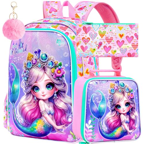 Image of CCJPX 3Pcs Mermaid Backpack for Girls, 16 inch Kids Bookbag with Lunch Box, Water Resistant Elementary School Bag for Kindergarten Preschool Toddler (Pink)