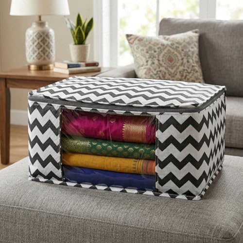 Image of Lukzer Non-Woven Zigzag Printed Saree Covers for Storage with Transparent Window & Zip - Large Set of 12 | Cloth Storage /Wardrobe Organizer for Woman Clothes /Lehengas /Dresses 45x33x20CM - (LSC-02-12)