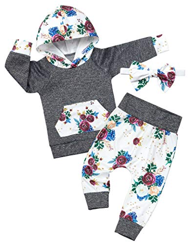 Baby Girl Clothes Long Sleeve Hoodie Sweatsuit Floral Pants Headband Infant Girl Outfit 3PC Set 12-18 Months Dark Gray