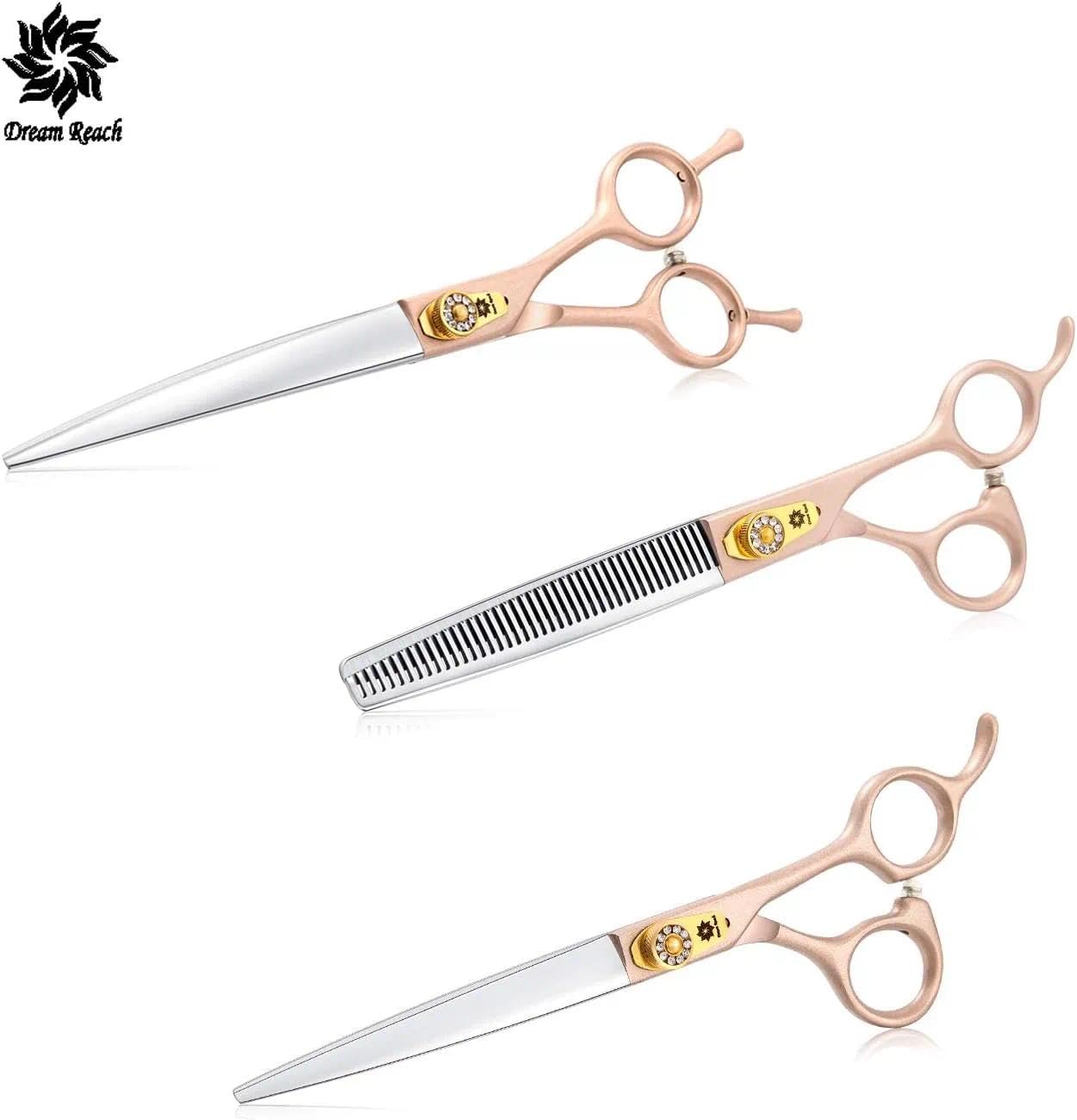 Dream Reach 7" Hundeschere Set (Gerade, Gebogen, Ausdünnen) 440C Edelstahl | Profi 3-in-1 Set: Gerade, Gebogene & Ausdünnungsschere (15-25% Ausdünnung), mit Tuch und Tasche, für Hunde & Katzen