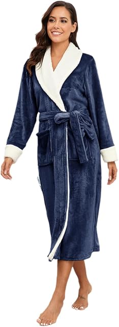 RONGTAI Plush Fleece Bathrobe for Women, Long Robe with Two Side Pockets and Belt, Warm and Cozy Fluffy Sleepwear Nightgown