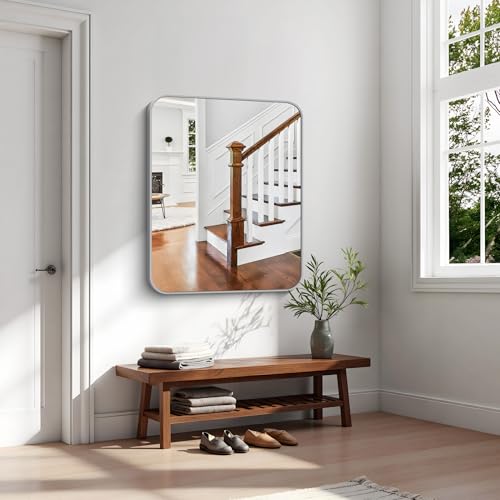 Image of KOCUUY Silver Bathroom Mirror, 30x36 Inch Bathroom Mirror for Over Sink, HD Tempered Glass, Anti-Rust Brushed Silver Frame, Rounded Corner Modern Design for Bathroom, Hang Horizontal /Vertical