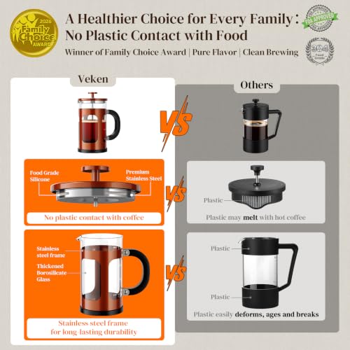 Image of Veken French Press Coffee Maker,No Plastic Touches Cafe,21oz 0.6L Small Pot