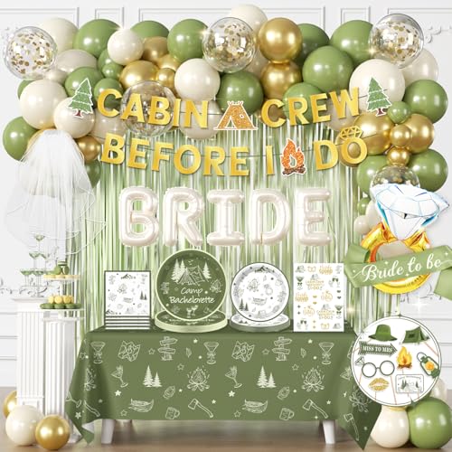 cocomigo 244 PCS Camp Bachelorette Decorations Hassle-Free One-Stop Set for 25 Guests With Balloon Banner Photo Props Tattoos Plates and Napkins Easy Setup for Camp Bachelorette Party