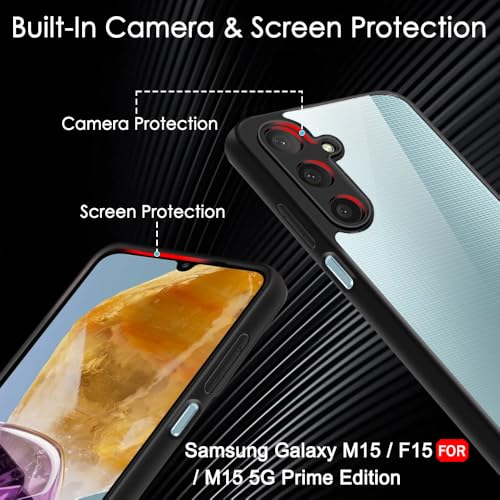Image of TheGiftKart Hybrid Shockproof Sleek Armor Back Cover Case for Samsung Galaxy M15 / F15 / M15 5G Prime Edition | 360 Protection | Crystal Clear Hard Back Transparent Cover (PC & TPU, Black Bumper)