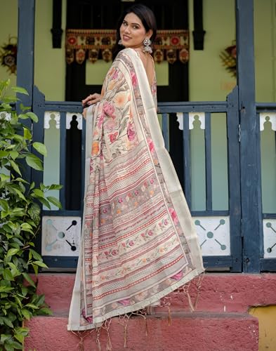 Image of SIRIL Women's Cotton Linen Printed Saree with Unstitched Blouse Piece
