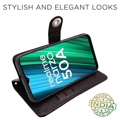 Image of Pikkme Realme Narzo 50A Flip Cover Leather Finish | Inside TPU with Card Pockets | Wallet Stand and Shock Proof | Complete Protection Button Flip Case (Coffee)