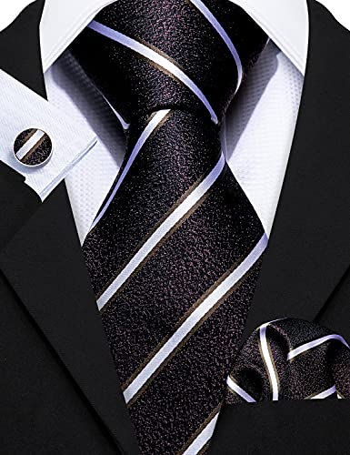 Image of Barry.Wang Tie Sets for Men Silk Stripe Necktie Woven Checkered Handkerchief Cufflinks Formal Business Wedding