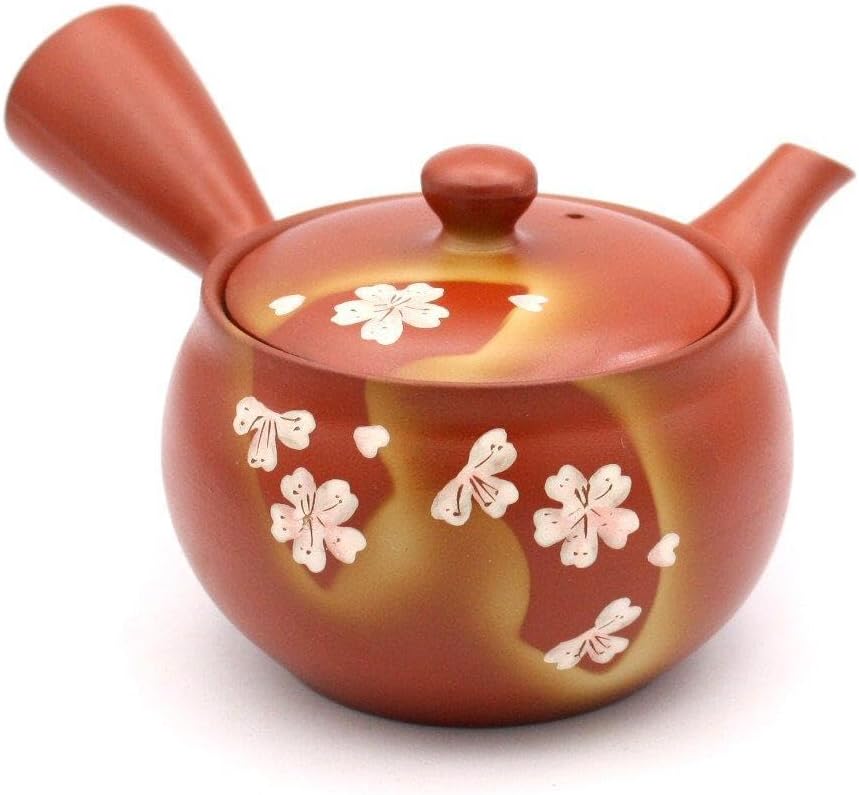 新 アウトレット常滑焼 手描き 朱泥扇桜急須 ステンレス茶こし