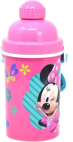 Zak Designs Minnie Mouse - Botella de agua para niños con tapa desplegable y correa de transporte, 12 onzas