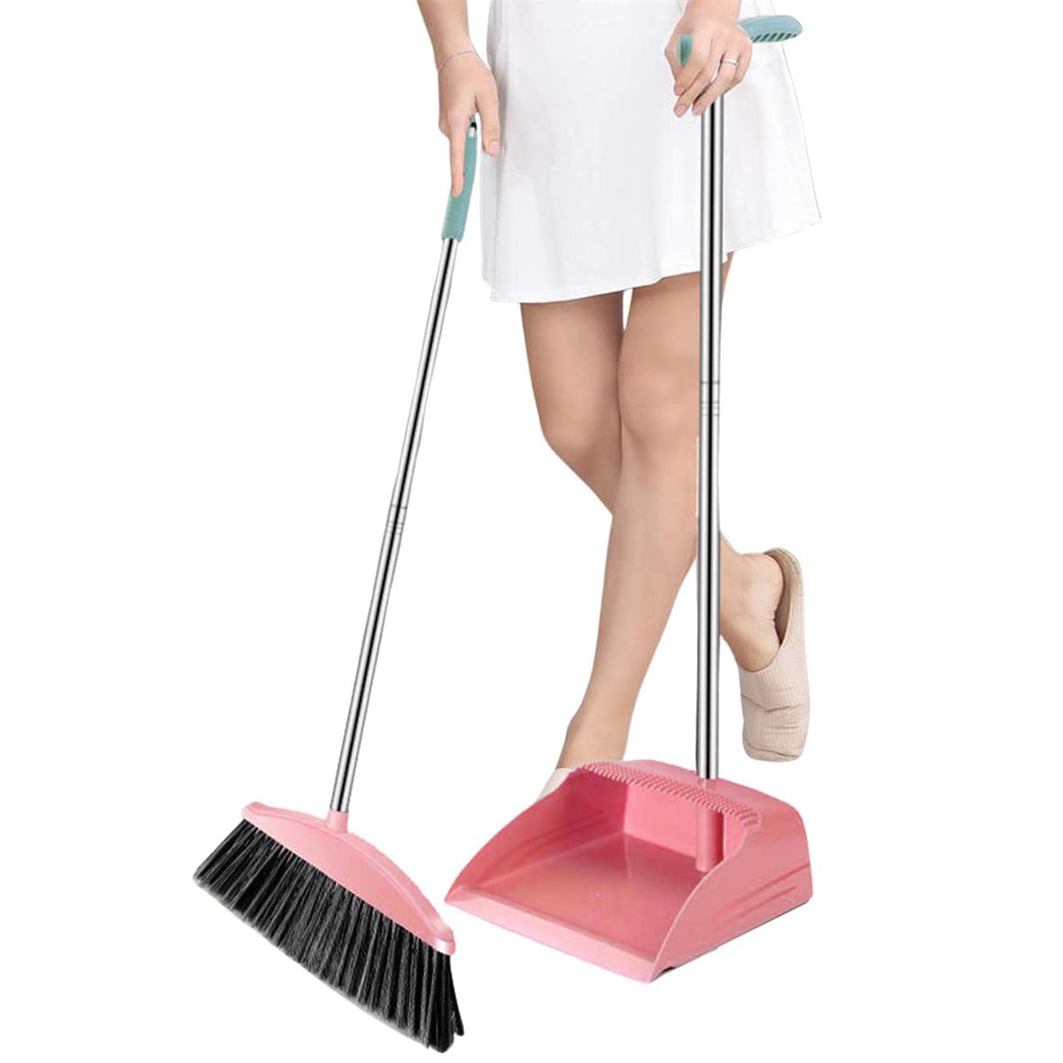 Balai Et Pelle à Poussière Débout - Avec Manche Extensible, Poils Denses - Rangeable Verticalement (Rose)