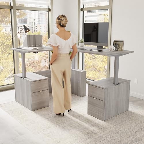 Image of Bush Business Furniture 60-inch Height Adjustable L Shaped Standing Desk with Drawers, Ergonomic Sit-Stand Computer Table for Office, Stratus Collection, Platinum Gray with Metallic Gray Base