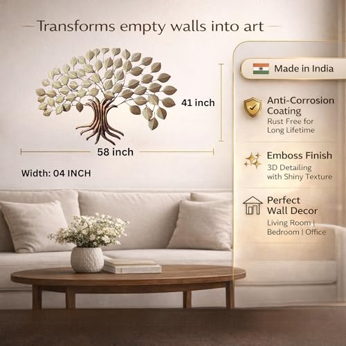 Image of Bharat Art Metal Big Tree Wall Art | Handcrafted Iron Peepal Tree Wall Hanging for Living Room, Bedroom, Hall, Office & Entrance Decor (Peepal Golden, 58 x 4 x 41 Inch) W038 B