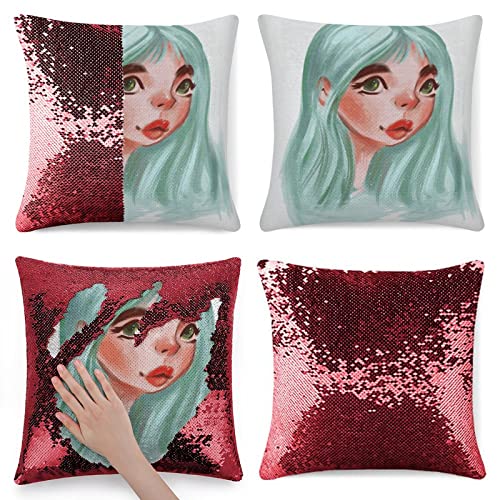 baijiexun Flip Sequins Glitter 1Pc Housse D’Oreiller 15.7In Illustration Blue Haired Girl Décoratif Jeter Coussin Case Housse Creative Double Couleurs, Rouge