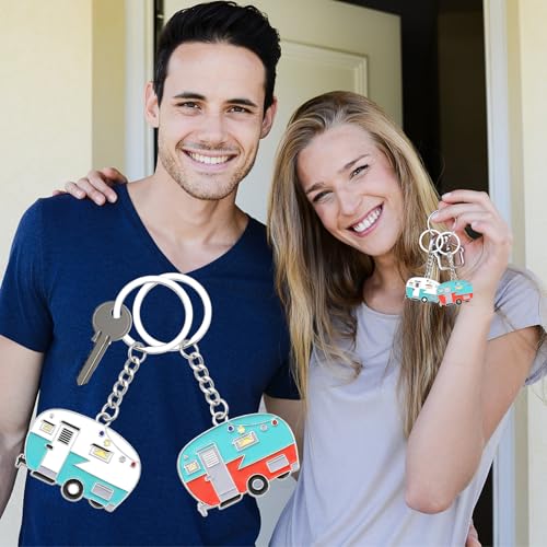 Image of Thinp 2 Pieces Camper Keychain, RV Camper Keyring Accessories for Travel Trailers Enameled Metal Retro Camping Car Keychain