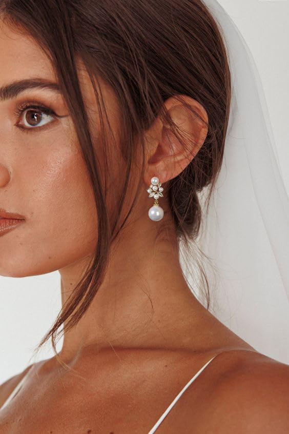 Pearl Drop Dangle Earrings for Women, Pearl Wedding Earrings for Brides Dangling, CZ Bridal Earrings for Wedding Bridesmaids, Prom Jewelry Gifts2