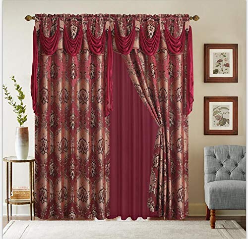 Jacquard Window 84 Inch Length Curtain Ds w/attached Valance Scarf + Sheer Backing + 2 Tassels, Traditional 84" Floral Curtain Dfor Living/Dining rooms, Rod Pocket (Elisa, 84, Burgundy)