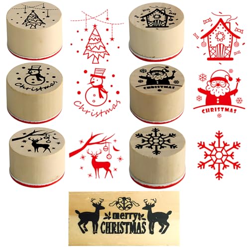 Merry Christmas Stamp Set 7pcs Christmas Stamps for Card Making and Crafting Includes 6 Round and 1 Rectangular Stamp Each Measures 1.8 x 0.82 Inches