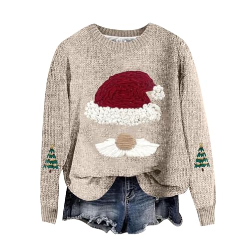 Ugly Christmas Sweaters for Women Cute Gnomes Santa Xmas Crewneck Sweatshirts Funny Holiday Long Sleeve Knitted Tops Beige Ugly Christmas Sweater M