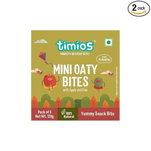 Timios Mini Oaty Bites | Apple and Kiwi | Healthy Snack for Kids | Natural Energy Food Product for Toddlers and Preschoolers | Nutritious and Ready to Eat for Children 18+ Months Pack of 2