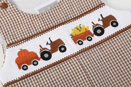 Brown Gingham Pumpkin and Corn Tractor Smocked Overalls4