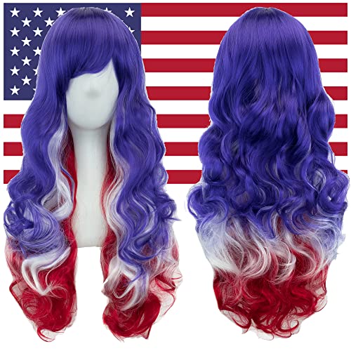 IMISSU Flag Color Design Hair Cosplay Wigs with Bangs Halloween Costume Wig (US Flag Blue White Red)