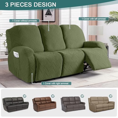 Image of Ruaozz Recliner Couch Covers 3 Pieces Sofa Recliner Covers with Pockets Stretch Reclining Slipcover Washable Furniture Protector with Elastic Bottom (3 Seater, Army Green)
